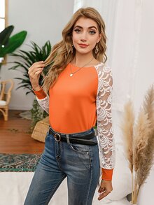 SHEIN LUNE Sheer Lace Raglan Sleeve Colourblock Tee - Orange - View 6