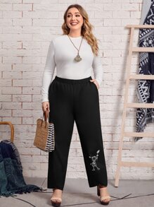 大碼高腰人像和花卉圖案長褲 - 黑色 - 查看 3