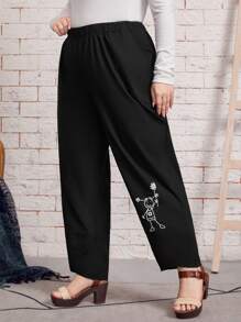 大碼高腰人像和花卉圖案長褲 - 黑色 - 查看 4