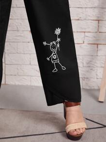 大碼高腰人像和花卉圖案長褲 - 黑色 - 查看 5