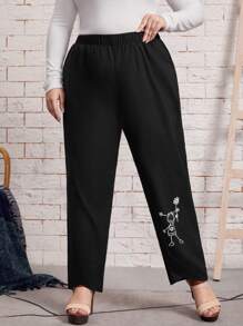 大碼高腰人像和花卉圖案長褲 - 黑色 - 查看 6