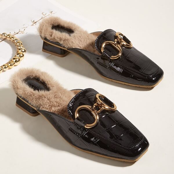 

Crocodile Embossed Horsebit Decor Mules, Black