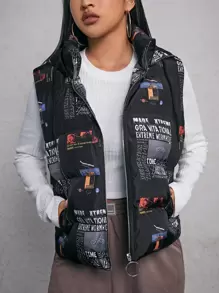 SHEIN EZwear 标语与星球印花 O 形环拉链抽绳连帽背心夹棉外套 - 黑色 - 查看 1