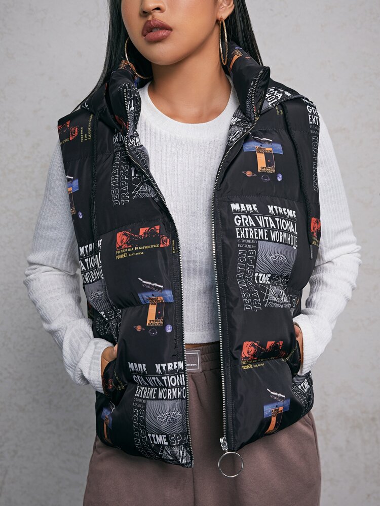 Slogan & Planet Print O-Ring Zipper Drawstring Hooded Vest Padded Coat