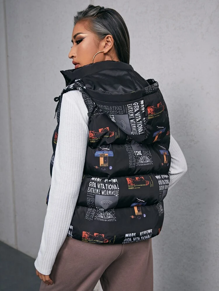 Slogan & Planet Print O-Ring Zipper Drawstring Hooded Vest Padded Coat
