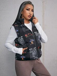 SHEIN EZwear 标语与星球印花 O 形环拉链抽绳连帽背心夹棉外套 - 黑色 - 查看 3