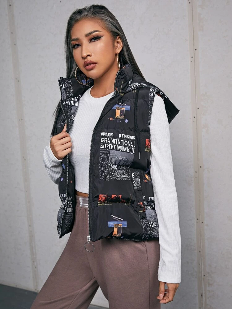 Slogan & Planet Print O-Ring Zipper Drawstring Hooded Vest Padded Coat