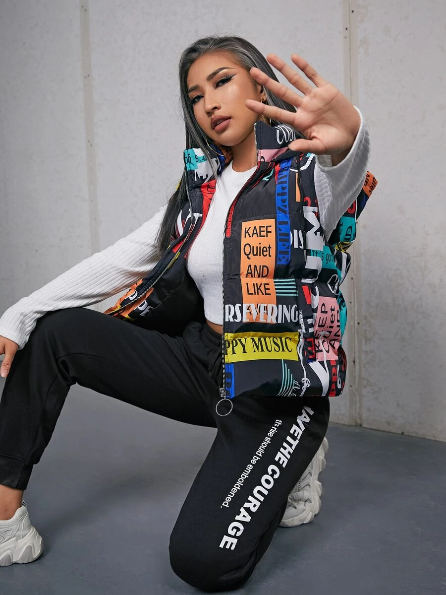 SHEIN Letter Graphic O-Ring Zipper Hooded Vest Padded Coat - Multicolor - View 1