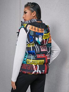 SHEIN Letter Graphic O-Ring Zipper Hooded Vest Padded Coat - Multicolor - View 2