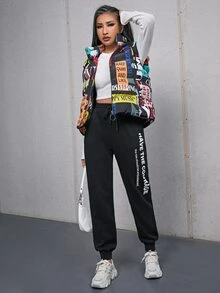 SHEIN Letter Graphic O-Ring Zipper Hooded Vest Padded Coat - Multicolor - View 4
