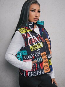 SHEIN Letter Graphic O-Ring Zipper Hooded Vest Padded Coat - Multicolor - View 5
