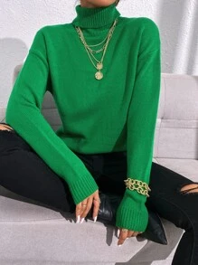 SHEIN Essnce Turtleneck Drop Shoulder Jumper - Green - View 1