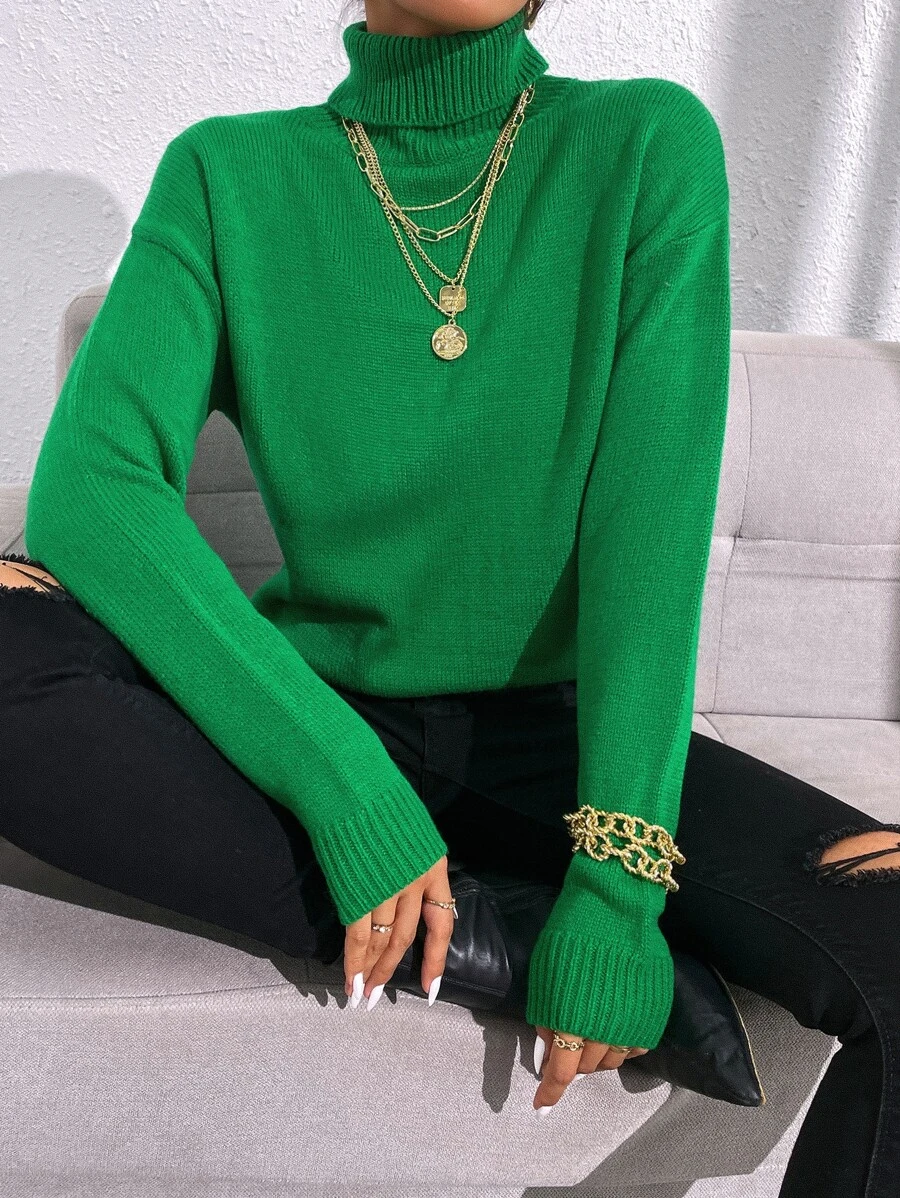 SHEIN Essnce Turtleneck Drop Shoulder Jumper - Green - View 1