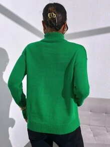 SHEIN Essnce Turtleneck Drop Shoulder Jumper - Green - View 2