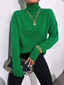 SHEIN Essnce Turtleneck Drop Shoulder Jumper - Green - View 3