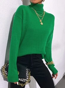 SHEIN Essnce Turtleneck Drop Shoulder Jumper - Green - View 4