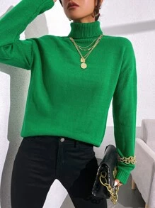 SHEIN Essnce Turtleneck Drop Shoulder Jumper - Green - View 5