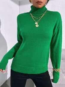 SHEIN Essnce Turtleneck Drop Shoulder Jumper - Green - View 7