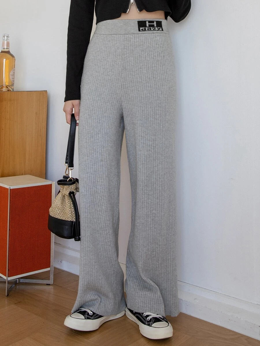 DAZY 字母圖案闊腿針織長褲 - 灰色 - 查看 1