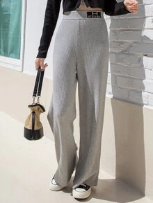 DAZY 字母圖案闊腿針織長褲 - 灰色 - 查看 4