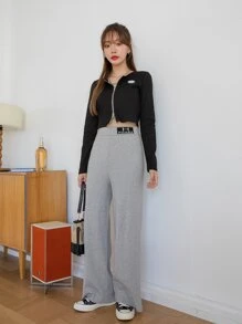 DAZY 字母圖案闊腿針織長褲 - 灰色 - 查看 5