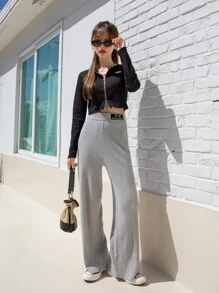 DAZY 字母圖案闊腿針織長褲 - 灰色 - 查看 6