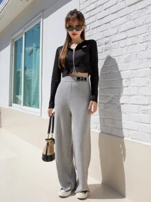 DAZY 字母圖案闊腿針織長褲 - 灰色 - 查看 7