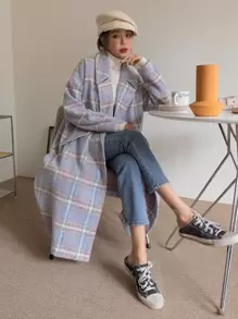 DAZY 格子翻领单扣大衣女式夹克，秋季女装 - 彩色 - 查看 7