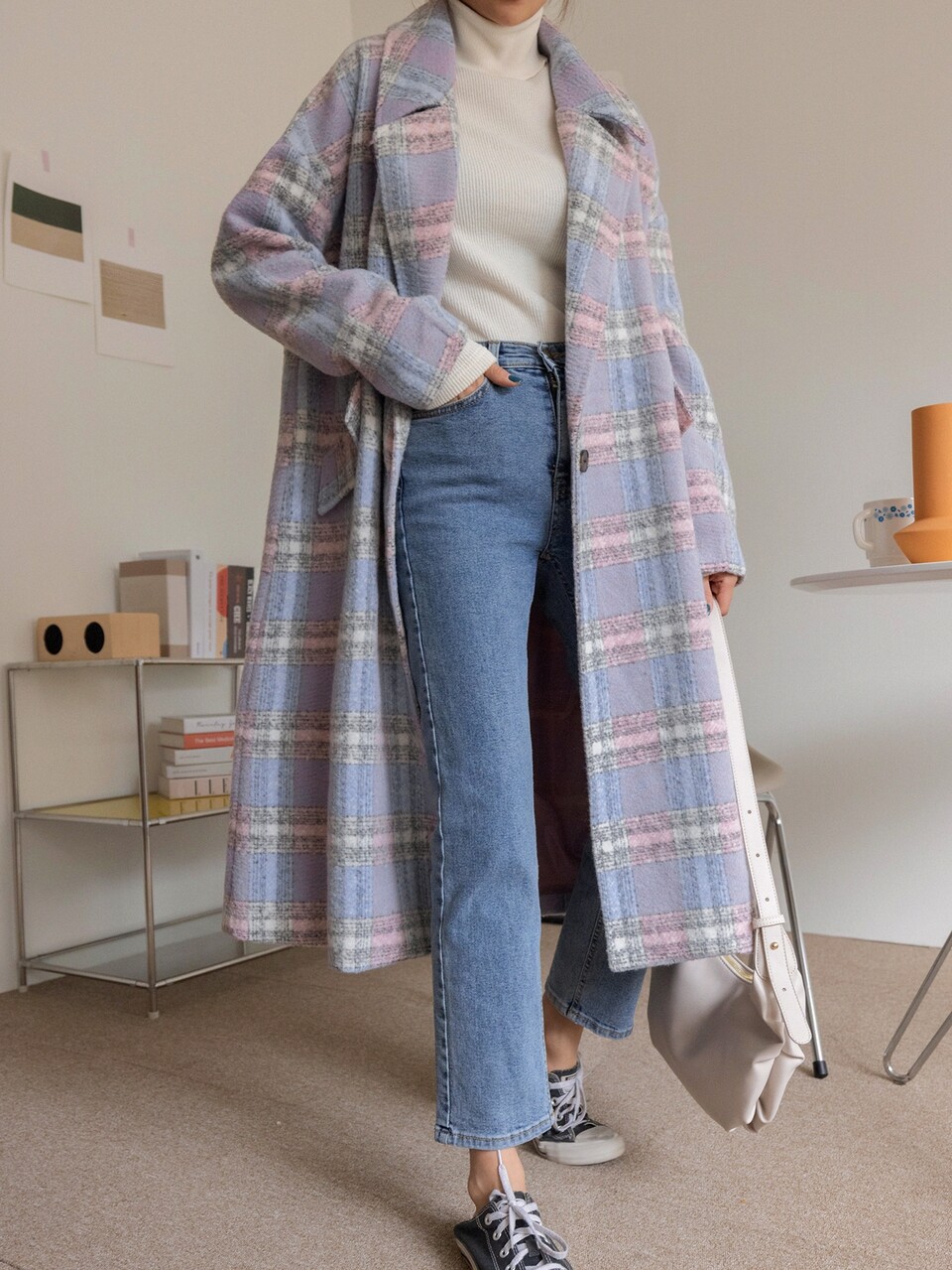 Plaid Lapel Neck Single Button Overcoat Women Jacket,Fall Women Clothes