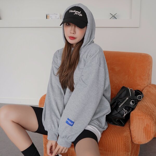 

Drop Shoulder Patch Detail Drawstring Hoodie, Grey