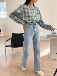 DAZY Blusa con botones delanteros con estampado de cuadros y volantes - Multicolor - Ver 7