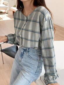 DAZY Blusa con botones delanteros con estampado de cuadros y volantes - Multicolor - Ver 4