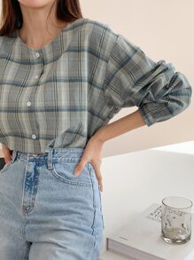 DAZY Blusa con botones delanteros con estampado de cuadros y volantes - Multicolor - Ver 5