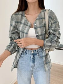 DAZY Blusa con botones delanteros con estampado de cuadros y volantes - Multicolor - Ver 3