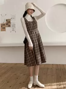 DAZY Plaid Print Fold Pleated Sleeveless Dress Without Top - Coffee Brown - View 1