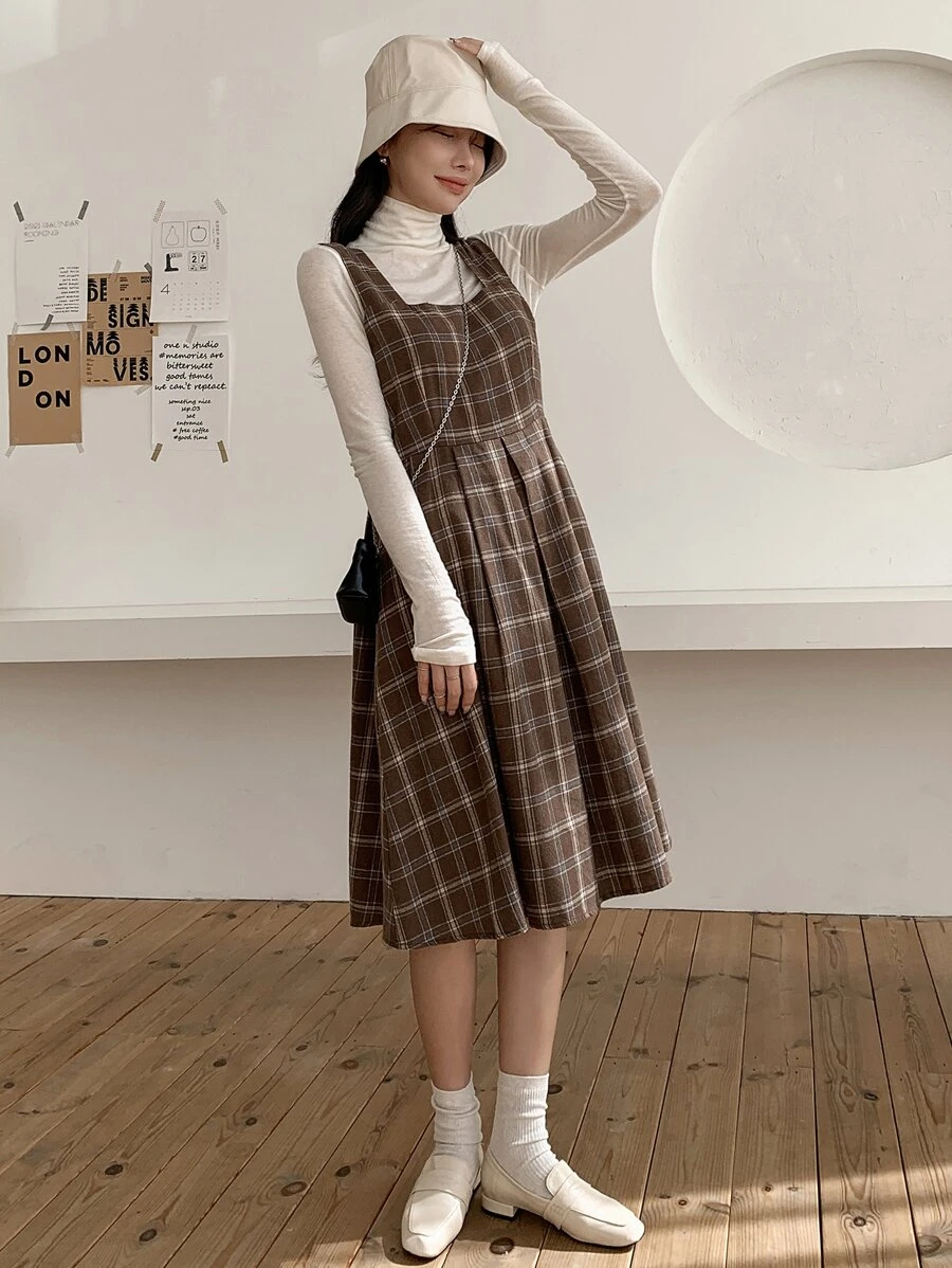 DAZY Plaid Print Fold Pleated Sleeveless Dress Without Top - Coffee Brown - View 1