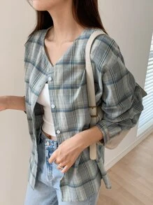 DAZY Blusa con botones delanteros con estampado de cuadros y volantes - Multicolor - Ver 6