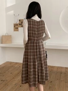 DAZY Plaid Print Fold Pleated Sleeveless Dress Without Top - Coffee Brown - View 2
