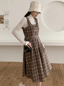 DAZY Plaid Print Fold Pleated Sleeveless Dress Without Top - Coffee Brown - View 3