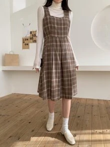 DAZY Plaid Print Fold Pleated Sleeveless Dress Without Top - Coffee Brown - View 4