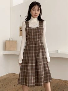 DAZY Plaid Print Fold Pleated Sleeveless Dress Without Top - Coffee Brown - View 5