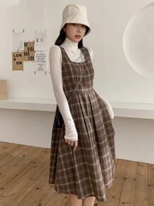 DAZY Plaid Print Fold Pleated Sleeveless Dress Without Top - Coffee Brown - View 6