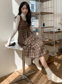 DAZY Plaid Print Fold Pleated Sleeveless Dress Without Top - Coffee Brown - View 7