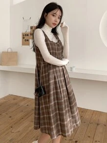 DAZY Plaid Print Fold Pleated Sleeveless Dress Without Top - Coffee Brown - View 8