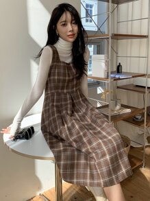 DAZY Plaid Print Fold Pleated Sleeveless Dress Without Top - Coffee Brown - View 9