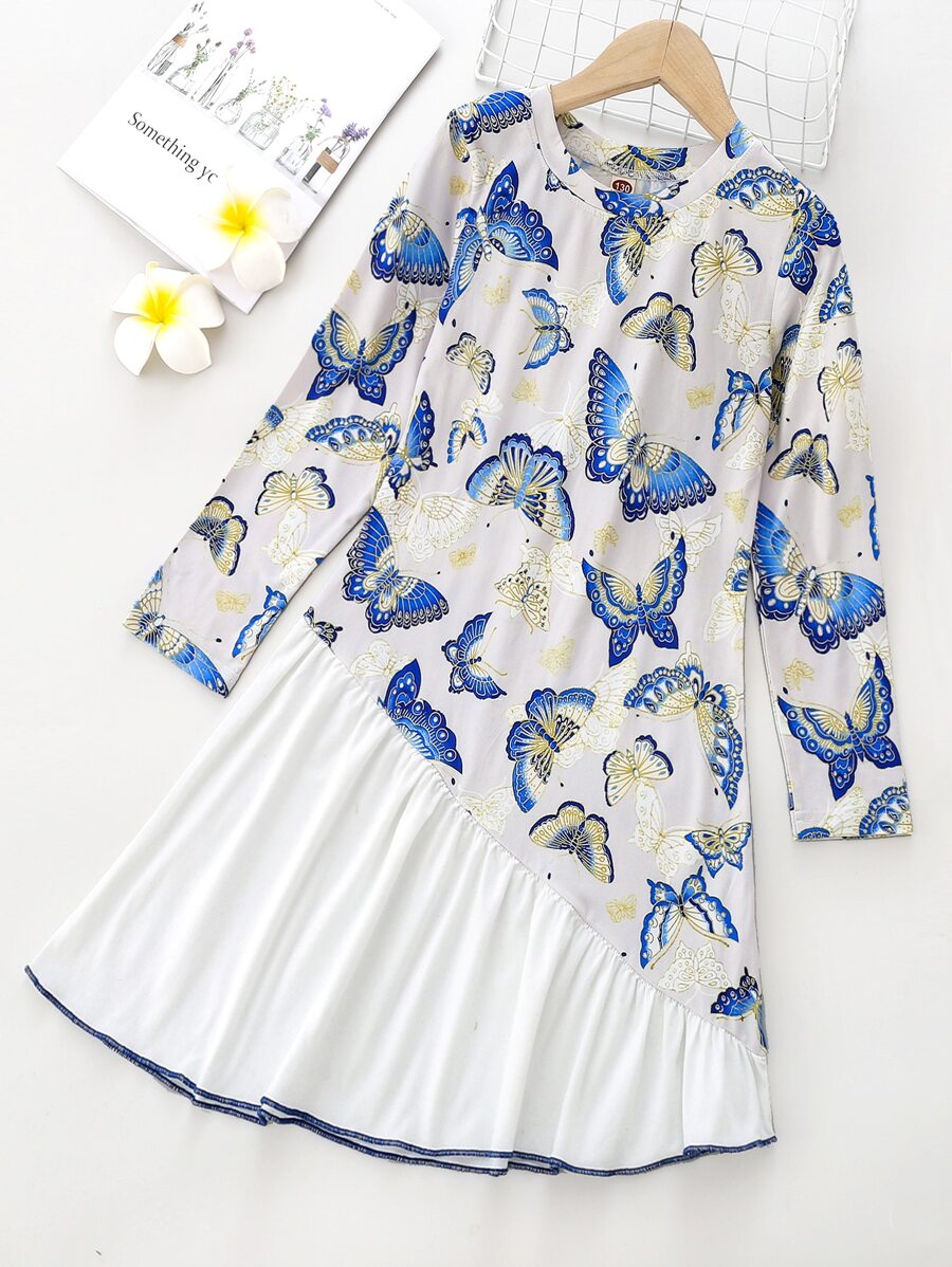 Niñas Vestido con estampado de mariposa bajo con fruncido - Multicolor - Ver 1