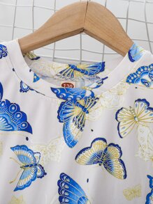 Niñas Vestido con estampado de mariposa bajo con fruncido - Multicolor - Ver 3