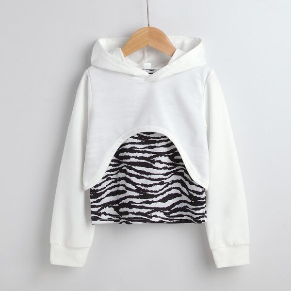 

Girls Zebra Striped Top & Asymmetrical Hem Hoodie, Black and white