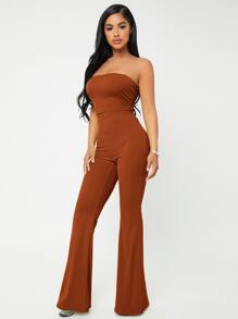 SHEIN SXY Crop Tube Top & Flare Leg Pants Set - Brown - View 3