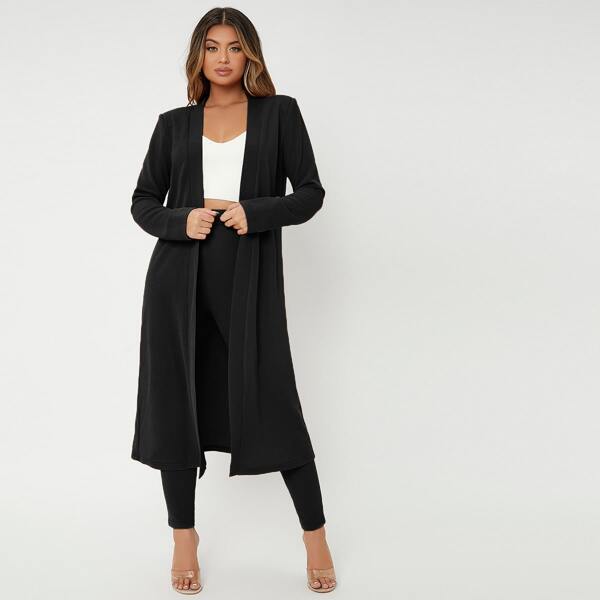 

Solid Open Front Coat & High Waist Skinny Pants, Black